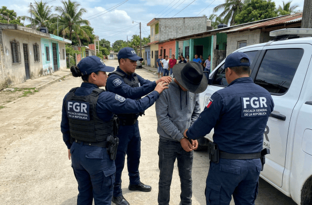 FGR officers detain a man beside an official vehicle while residents watch