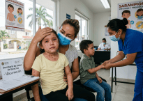 Children receiving care at a vaccination clinic; posters read “Sarampión: síntomas y prevención” and “Vacunación.”