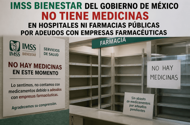 Text reads: “IMSS BIENESTAR DEL GOBIERNO DE MÉXICO. NO TIENE MEDICINAS EN HOSPITALES NI FARMACIAS PÚBLICAS POR ADEUDOS CON EMPRESAS FARMACÉUTICAS.” IMSS Bienestar Servicios de Salud sign: “NO HAY MEDICINAS EN ESTE MOMENTO. Lo sentimos, no contamos con medicamentos debido a adeudos con empresas farmacéuticas. Agradecemos su comprensión.” Pharmacy signs read “FARMACIA,” “NO HAY MEDICINAS,” and “Sin abasto de medicamentos por adeudos pendientes.”