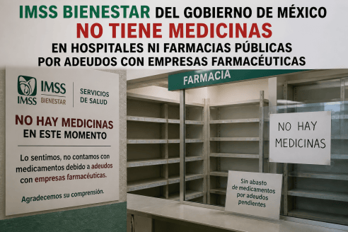 Text reads: “IMSS BIENESTAR DEL GOBIERNO DE MÉXICO. NO TIENE MEDICINAS EN HOSPITALES NI FARMACIAS PÚBLICAS POR ADEUDOS CON EMPRESAS FARMACÉUTICAS.” IMSS Bienestar Servicios de Salud sign: “NO HAY MEDICINAS EN ESTE MOMENTO. Lo sentimos, no contamos con medicamentos debido a adeudos con empresas farmacéuticas. Agradecemos su comprensión.” Pharmacy signs read “FARMACIA,” “NO HAY MEDICINAS,” and “Sin abasto de medicamentos por adeudos pendientes.”