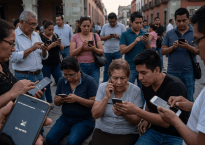 Crowd using phones; screen reads “Solo llamadas de emergencia” and “Sin servicio.”