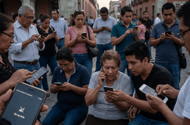 Crowd using phones; screen reads “Solo llamadas de emergencia” and “Sin servicio.”