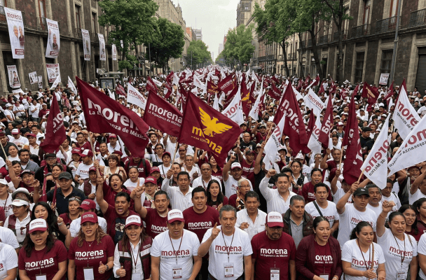 Large Morena political rally filling a city street with flags