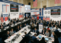 Election workers counting ballots beneath 2024 U.S. election results boards