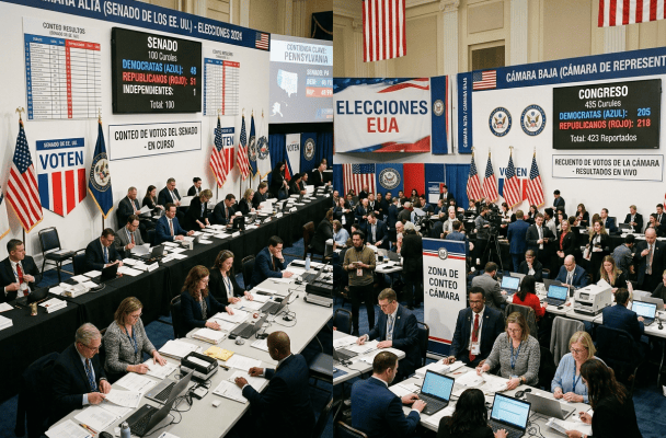 Election workers counting ballots beneath 2024 U.S. election results boards